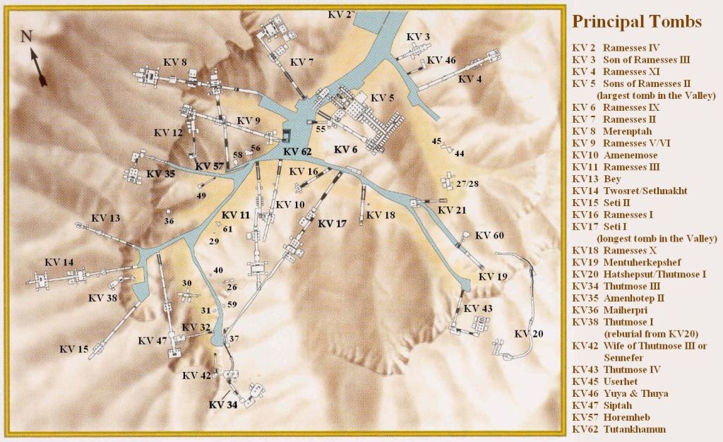 Map of the Valley of Kings with miniature tomb plans