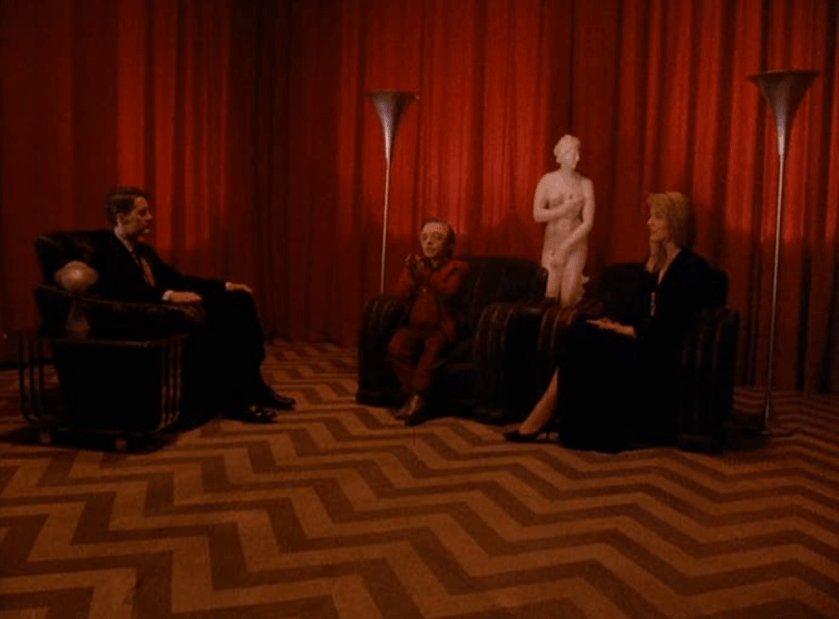 Scene from Agent Cooper's first dream in the Black Lodge with Th Man From Another Place and Laura Palmer doppelganger