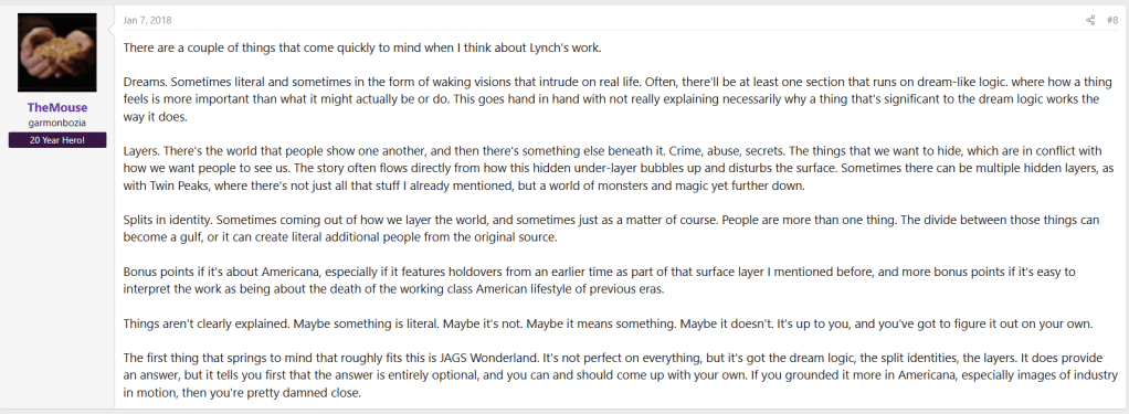 Screenshot of a RPGnet post describing Lynchian characteristis